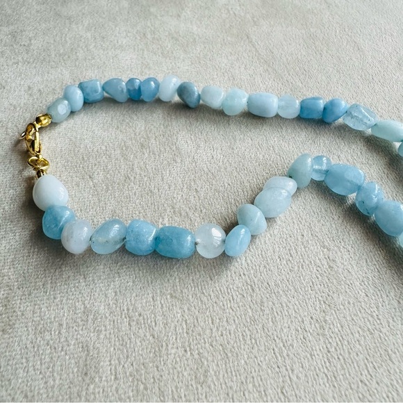 Aquamarine Beaded Necklace 14k Gold Plated Chain 18 Inch - Picture 16 of 17